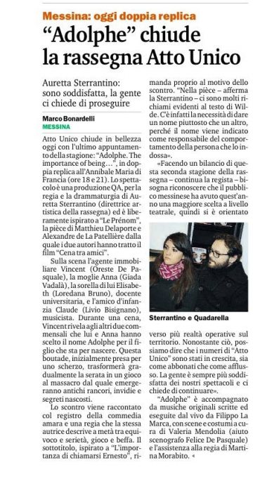 ADOLPHE - Intervista ad A. Sterrantino di M. Bonardelli - Gazzetta del Sud 22.03.15