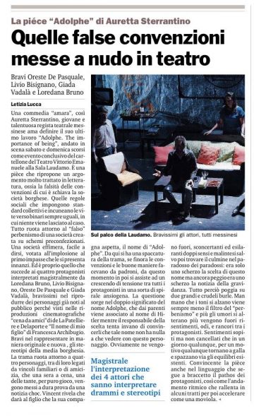 ADOLPHE - Recensione di Letizia Lucca, Gazzetta del Sud 19.06.15