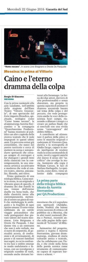 CAINO - Recensione di Di Giacomo, Gazzetta del Sud 22.06.16
