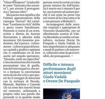 QUANDO, COME UN COPERCHIO - recensione di Bonaventura, Gazzetta del Sud 09.02.15