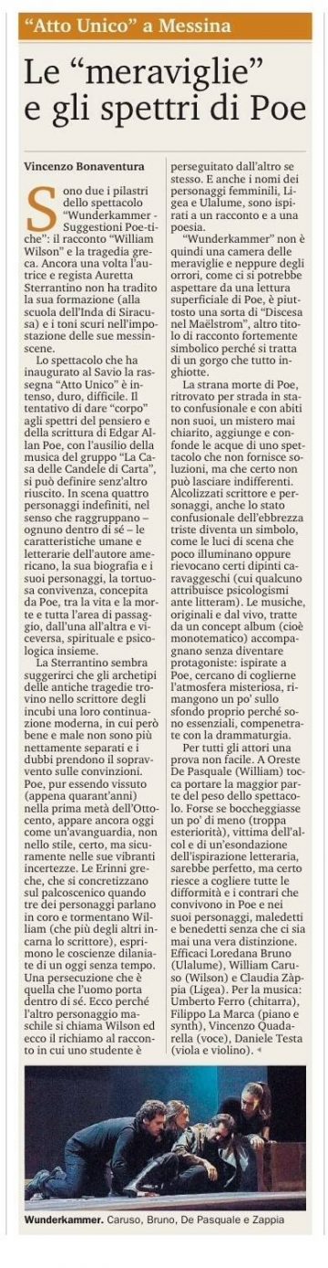 WUNDERKAMMER - recensione V. Bonaventura su Gazzetta del Sud 07.12.16